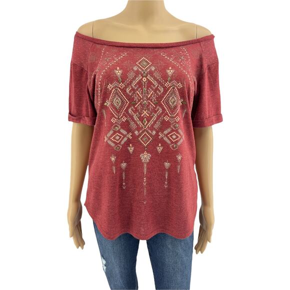 Miss Me MEDIUM Rustic Red Studded Southwestern Sheer Mesh Back Tee Shirt - Picture 1 of 9